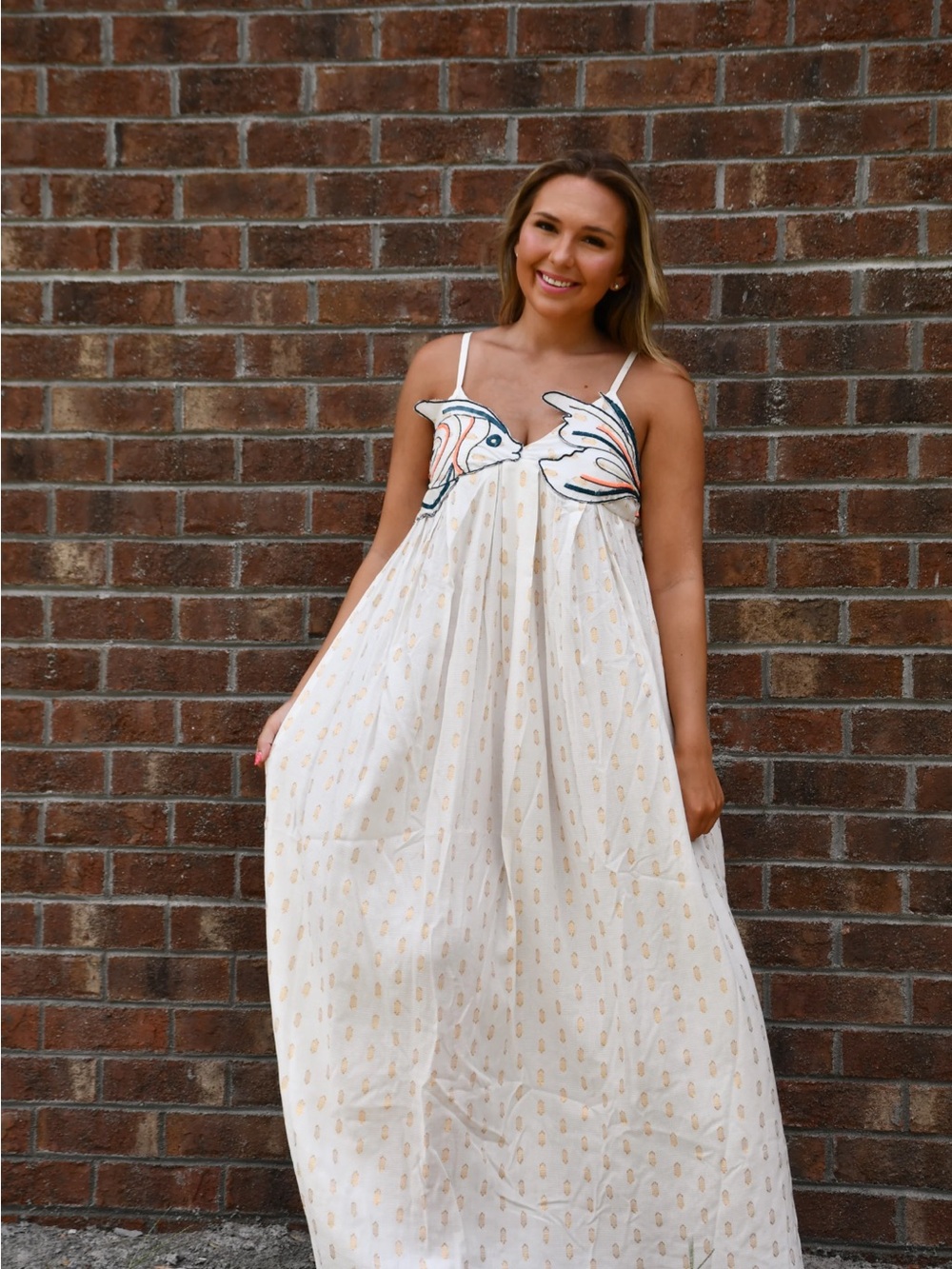 White Embroidered Maxi Dress with Orange Accents